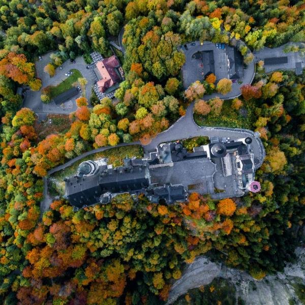Beeindruckende Luftaufnahmen einer farbenfrohen Herbstlandschaft – perfekt für Natur- und Landschaftsprojekte.