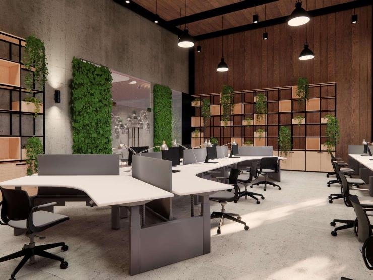 Interior Empty Modern Loft Office open space modern office footage.Modern open concept Lobby and reception area meeting room design.4k .Rendering 3d.